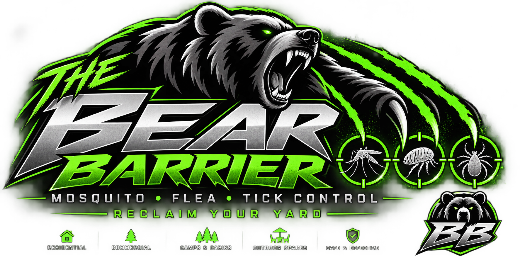 Original The Bear Barrier grizzly branding with metallic silver and green lettering